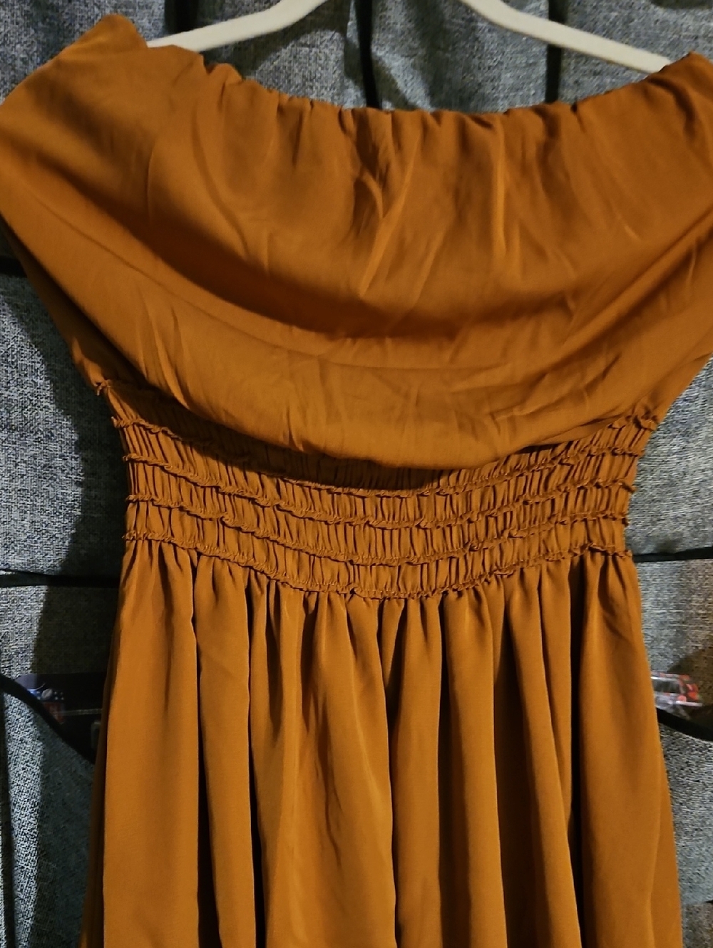 She and Sky Strapless Smocked Waist Dress in Rust